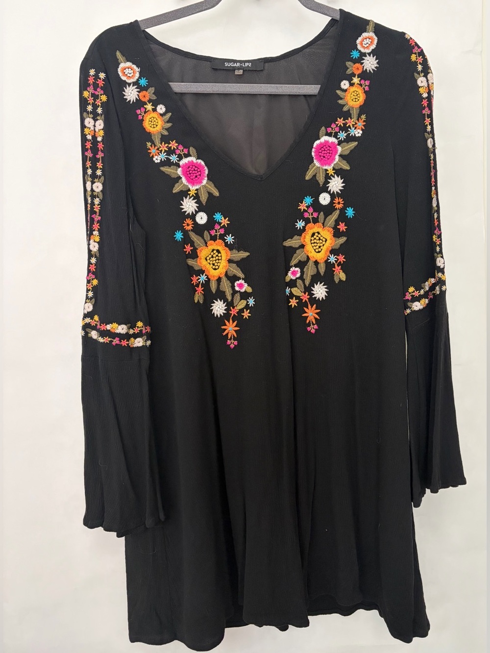 Sugarlips Black Embroidered Boho Swing Trapeze Dress Bell Sleeve M